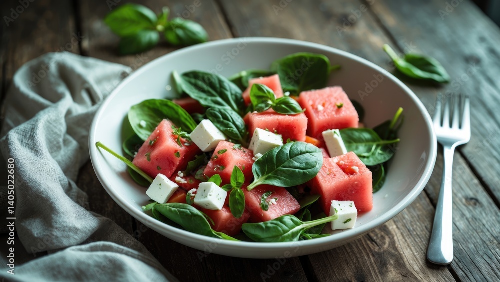 Refreshing summer salad featuring watermelon, tomato, feta cheese, and basil Refreshing summer salad featuring watermelon, tomato, feta cheese, and basil