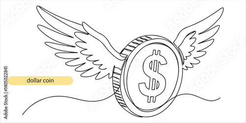 dollar coin with wings continuous single line art drawing sketch on white background