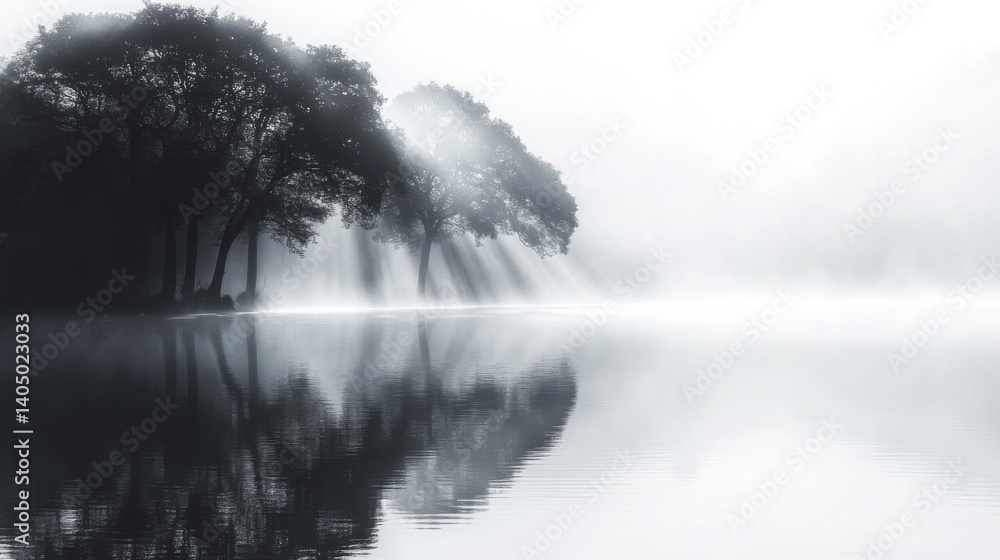Fototapeta premium Misty Morning Lake with Sunlit Trees
