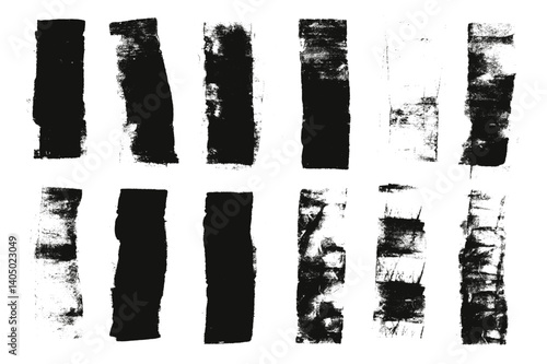 Straight thick urban street underlines. Linocut rolled brush stroke set. Handmade ink rectangle rough stamps. Vector black paint lines shapes. Dry marker or brayer smear textures. Distressed figures.