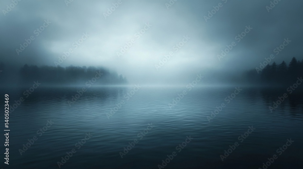 Fototapeta premium Moody Blue Lake Landscape with Fog and Trees