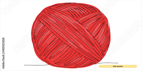 Red woolen yarn ball continuous single line art drawing sketch on white background
