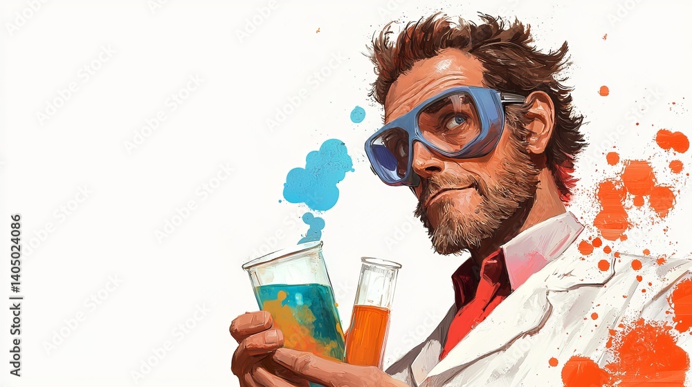 A middle-aged Caucasian male scientist in a lab coat holds two beakers filled with colorful liquids, with a thoughtful expression. A middle-aged Caucasian male scientist in a lab coat holds two beakers filled with colorful liquids, with a thoughtful expression.