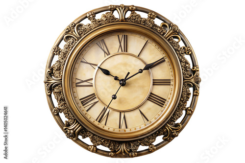 An isolated antique clock, a vintage time object with a round face and old dial, stands on a white background