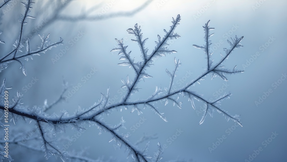 Frosty branches embellished with fine ice crystals, highlighted against a blue sky, suggesting a refreshing atmosphere. Frosty branches embellished with fine ice crystals, highlighted against a blue sky, suggesting a refreshing atmosphere.