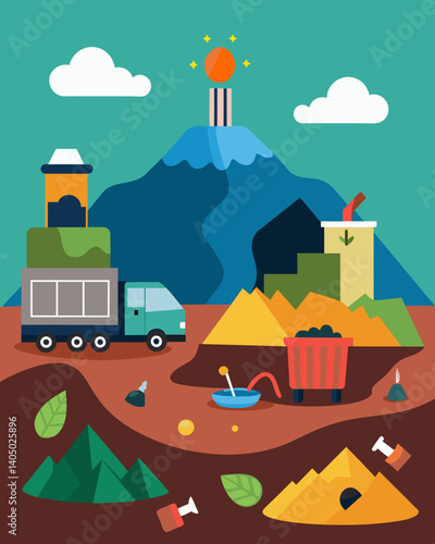 In addition to valuable materials the landfill mining operation also uncovered organic waste that was still intact and could be used for composting.. Vector illustration