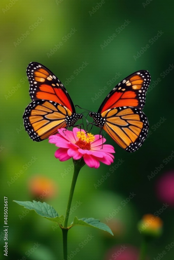 Fototapeta premium Pair of monarchs nectaring on bright bloom, lush green background, insect, flora, orange