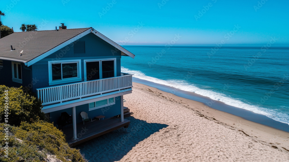 Fototapeta premium Charming Craftsman-style beachfront home in bright cyan tones. A cozy porch overlooks the blue ocean and endless sand, offering a serene vacation retreat with coastal summer vibes.