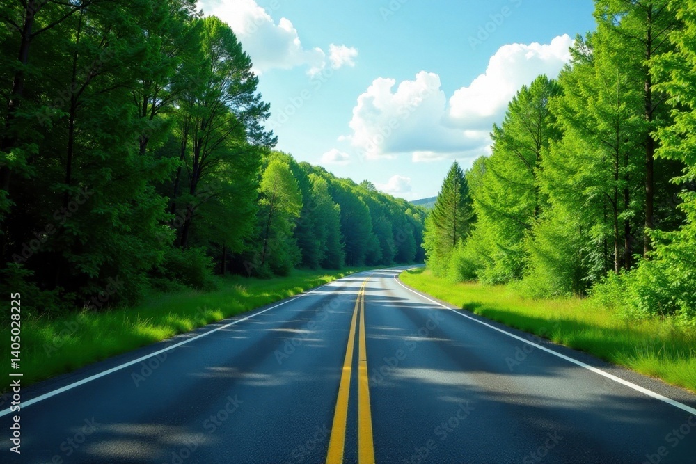 Fototapeta premium Empty asphalt highway winds through vibrant green forest, fluffy white clouds , path, highway, road
