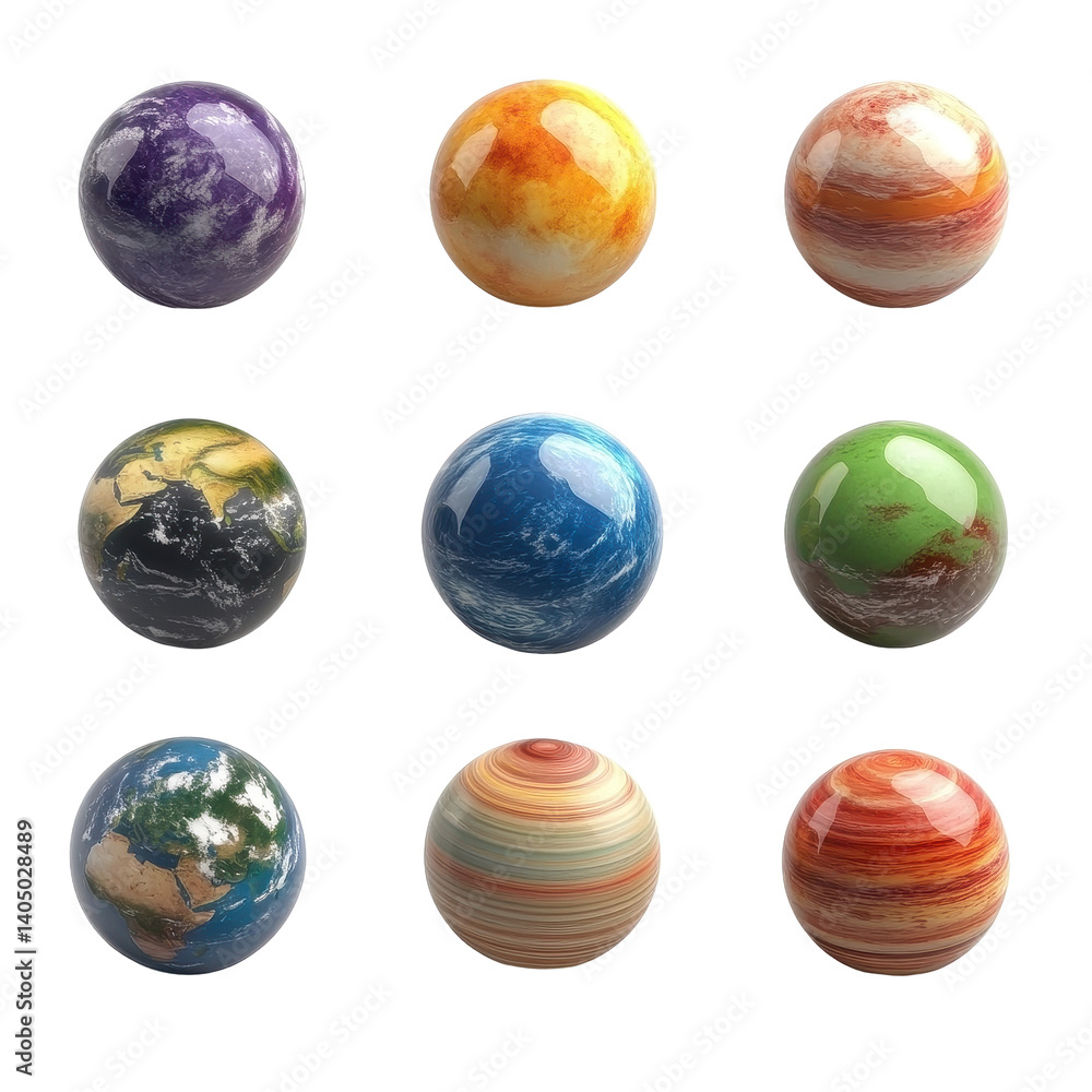 Colorful cartoon planets arranged in a grid with a white background showcasing unique designs and textures, fictional 3d cartoon planets isolated on white background Colorful cartoon planets arranged in a grid with a white background showcasing unique designs and textures, fictional 3d cartoon planets isolated on white background