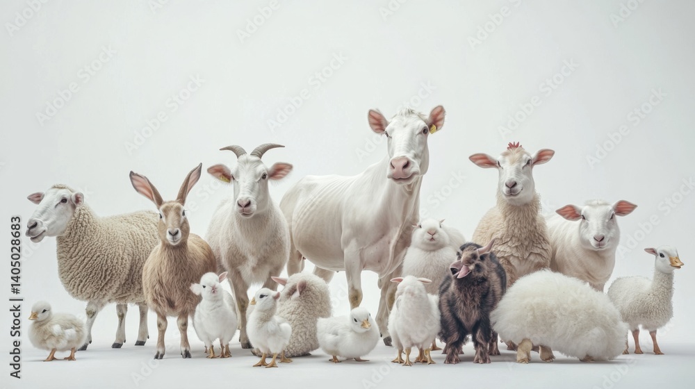 Fototapeta premium A group of farm animals standing together on a pure white background,