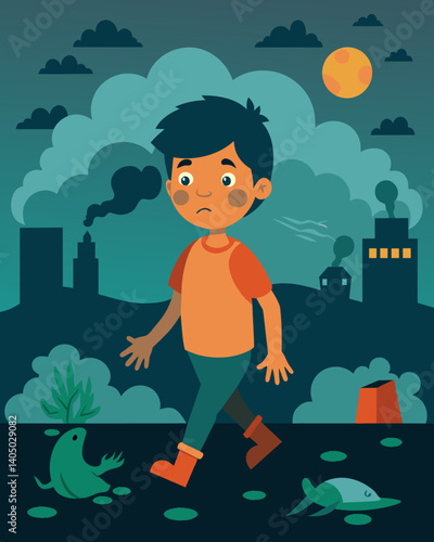 The haunting image of a young child playing amidst the pollution oblivious to the harmful effects it has on their health and wellbeing.. Vector illustration