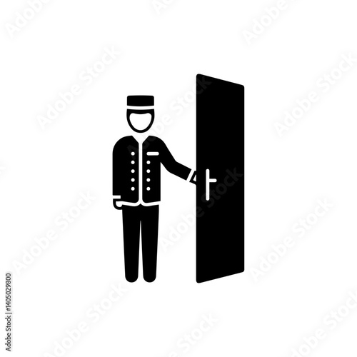 Black filled icon showing a hotel doorman holding the door open