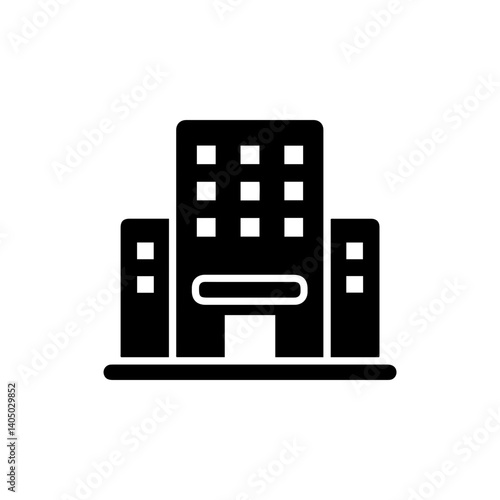 Black filled icon showing a hotel with a visible lobby and seating area