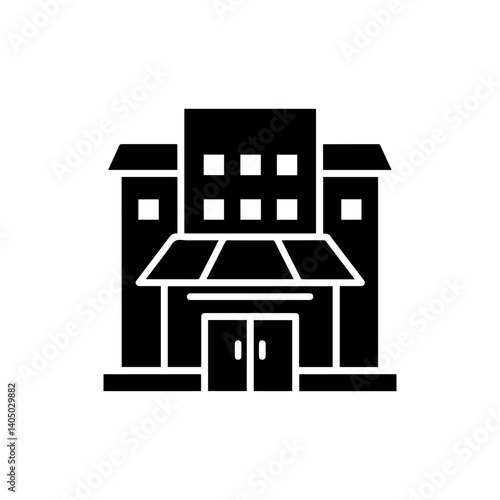 Black filled icon showing a hotel with a modern entrance design