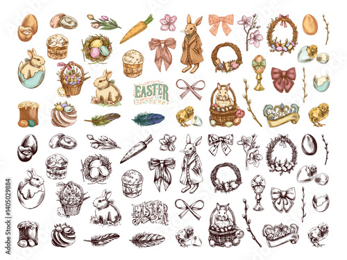 Vintage easter holiday hand drawn colored and black sketch illustration set  in engraved style