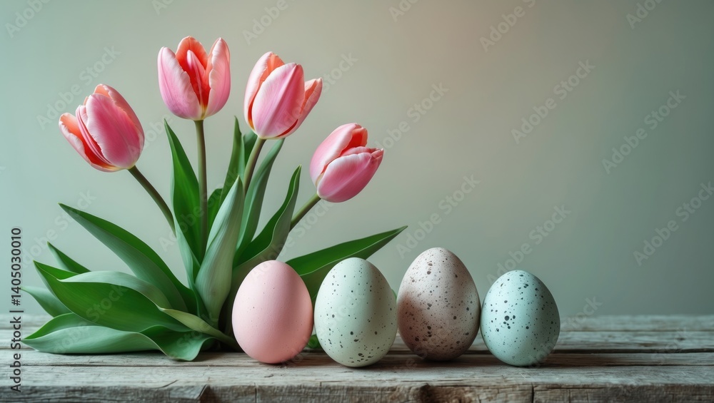 Background for Easter showcasing eggs and tulips. Holiday greeting card with blank area. Background for Easter showcasing eggs and tulips. Holiday greeting card with blank area.
