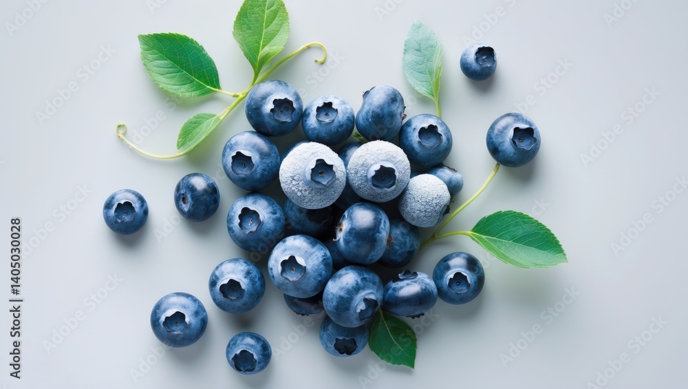 Top-down view of fresh blueberries alongside blueberry leaves on a white backdrop. Top-down view of fresh blueberries alongside blueberry leaves on a white backdrop.