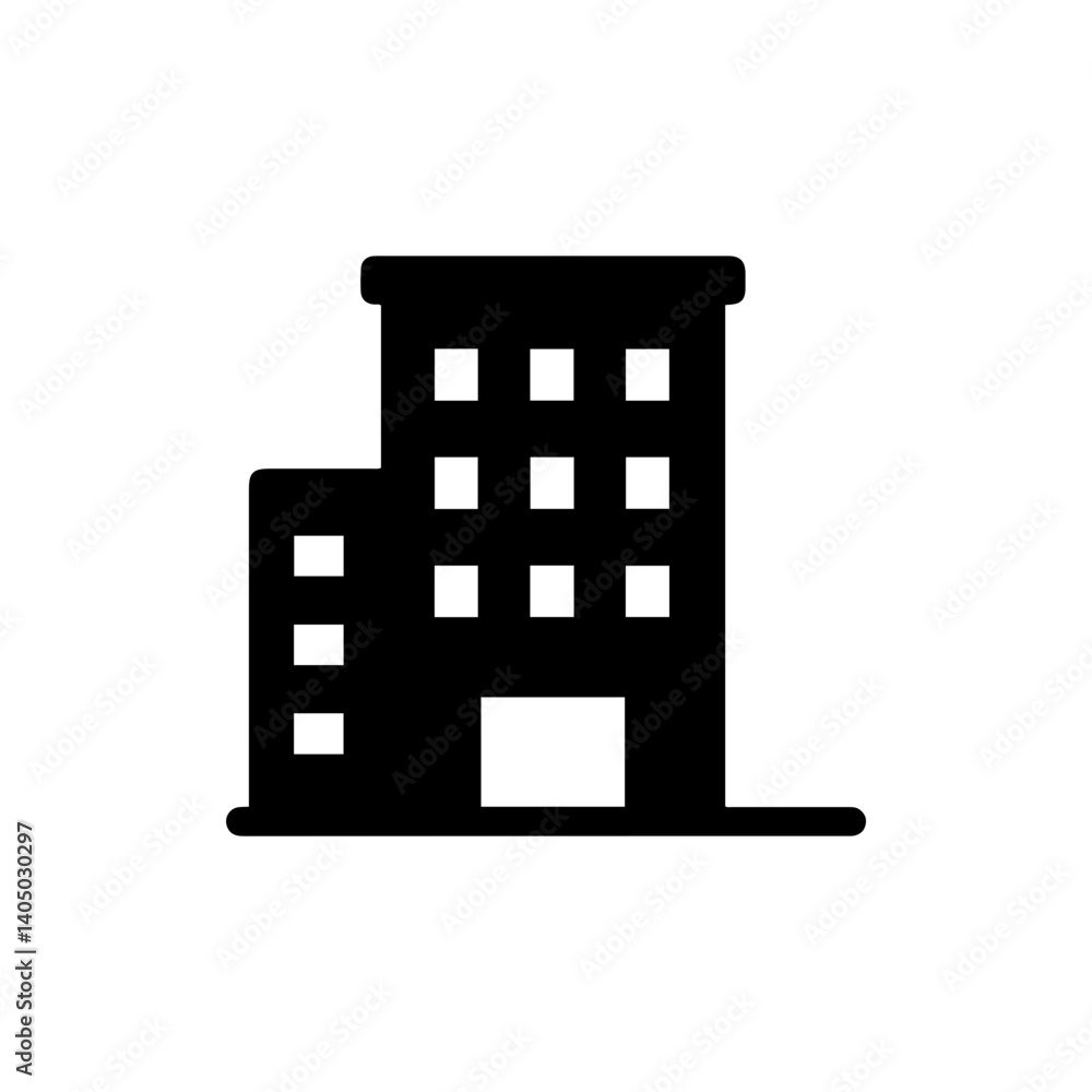 Minimalist Black Icon of Hotel Building with Rooftop and Windows Minimalist Black Icon of Hotel Building with Rooftop and Windows