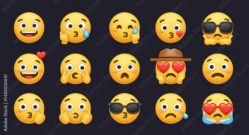 Assorted emotive yellow circular faces, digital icons with diverse expressions on a dark background. Assorted emotive yellow circular faces, digital icons with diverse expressions on a dark background.