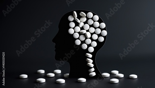 Understanding drug addiction and mental withdrawal effects. Head illustration with white pills set on a black background.