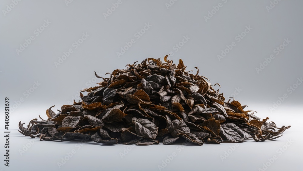White background featuring isolated dry tea leaves.
