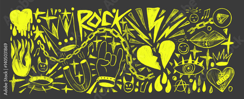 Rock and roll girly crayon drawn set. Punk coquette highlight breaking heart doodle background. Scribble grunge silhouette elements. Heart, crown graffiti art. Vector by pencil isolated illustration.