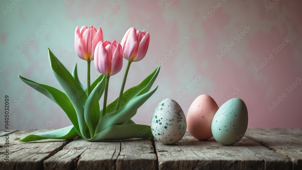 Easter-themed backdrop featuring eggs and tulips. Greeting card with space for text. Easter-themed backdrop featuring eggs and tulips. Greeting card with space for text.