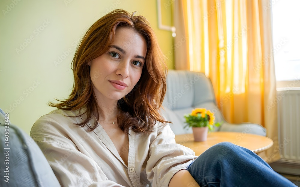 Young woman relaxing indoors with a soft smile. Casual pose in a bright, cozy setting. Simple living and serene mood. Young woman relaxing indoors with a soft smile. Casual pose in a bright, cozy setting. Simple living and serene mood.