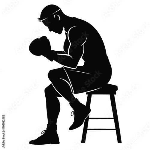 realistic silhouette of a boxer tying gloves, sitting on a stool vector illustration