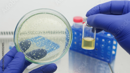 A scientist holds a petri dish with bacteria and a small bottle with bacterial liquid.