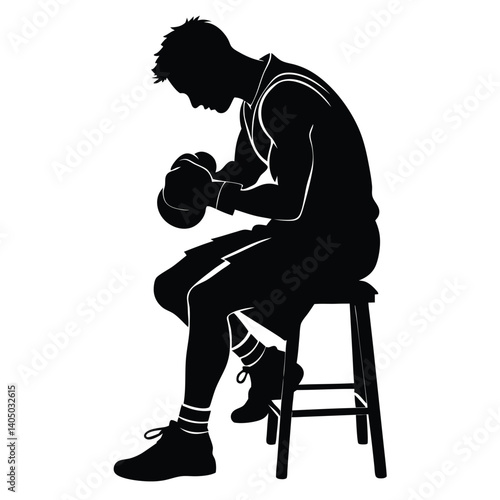 realistic silhouette of a boxer tying gloves, sitting on a stool vector illustration