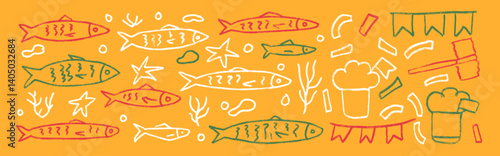 Fishes chalk line doodle set. Santos Populares festival. Hand drawn sardines and garlands. Algae, manjerico, party elements. Vector illustration. Crayon naive holiday clipart.