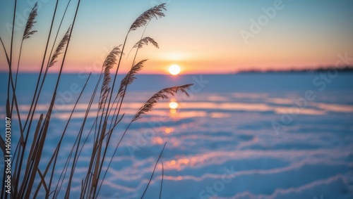 Fototapeta Naklejka Na Ścianę i Meble -  Frozen sea at sunset with dry reeds in snow
