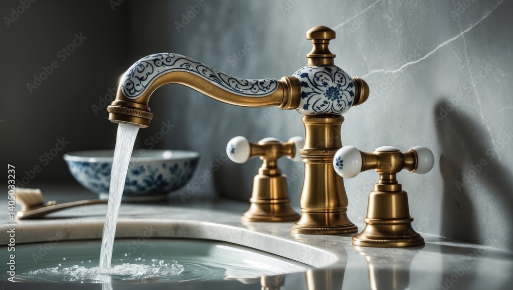 Obraz premium Bathroom fixtures in brushed brass with ceramic details