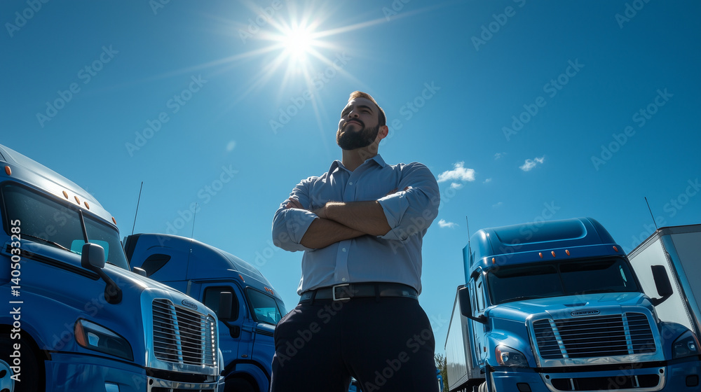 Fleet of bright blue trucks gleams in sun as confident warehouse manager poses in center, signaling efficient distribution power