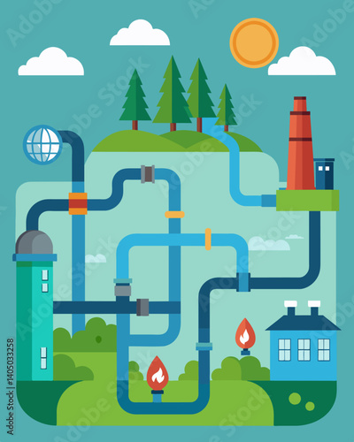 A network of underground pipes carry wastewater from different sources to a central treatment plant where it is cleaned and returned to the natural ecosystem.. Vector illustration