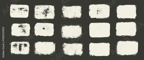 Set of acrylic grunge text boxes. Callout rectangles frame collection. Linocut rolled paint white tags. Handmade vector stamp with smudged texture. Rough paint decorative uneven border.