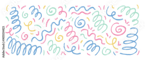 Colorful funky crayon squiggles lines. Hand drawn kids birthday confetti. Brush stroke linear scribble elements set isolated on white background. Scribble party celebration decoration..
