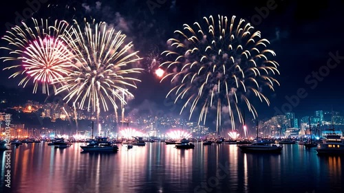 Colorful Fireworks Illuminate Night Sky Over Tranquil Harbor, Creating Festive Celebration with Vibrant Reflections on Water, Perfect for Night Festival of Illumination.