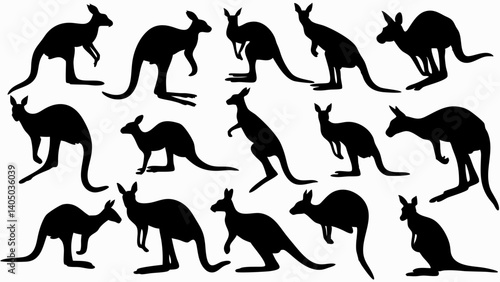 set of kangaroo silhouette vector on white background