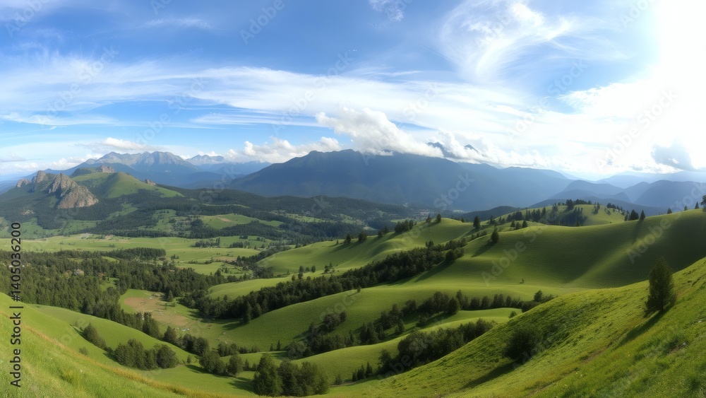 Serene rolling hills under a vibrant sky breathtaking mountain panorama picturesque landscape Serene rolling hills under a vibrant sky breathtaking mountain panorama picturesque landscape