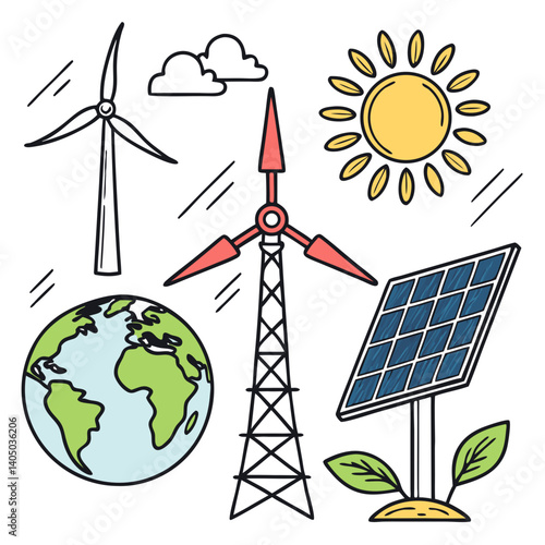 Renewable Energy Vector Illustration Featuring Wind, Solar, and Hydro Power