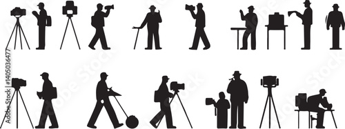 A collection of dynamic silhouettes of photographers, capturing various poses and actions while operating cameras mounted on tripods.