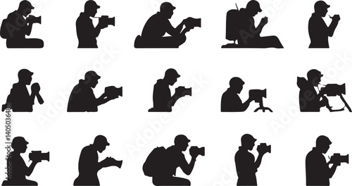 A collection of dynamic silhouettes of photographers, capturing various poses and actions while operating cameras mounted on tripods.