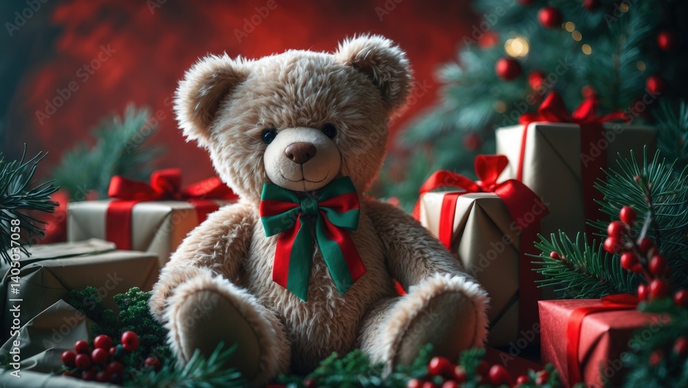 Christmas adornments with a jolly teddy bear and gifts Christmas adornments with a jolly teddy bear and gifts