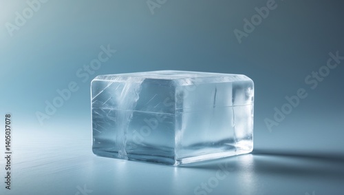Transparent frosty ice block with natural texture in cool shades, set against a background. Clipping path provided.