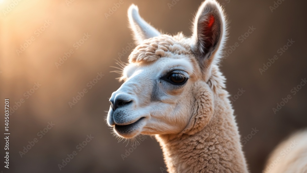 Obraz premium Close-up of White-coated Alpaca Head Against Brown Background