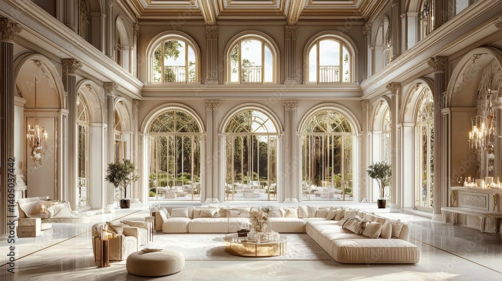 Obraz premium A spacious room featuring elegant coffered ceilings.