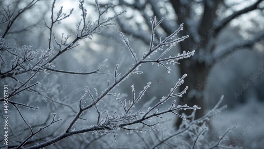 This image depicts branches adorned with frost in a natural outdoor environment, showcasing intricate and delicate patterns of frost crystals that enhance their wintry look.